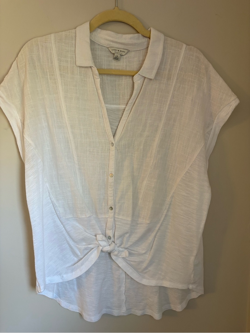 Lucky Brand White Linen-Blend Button Front Tie Hem Shirt
